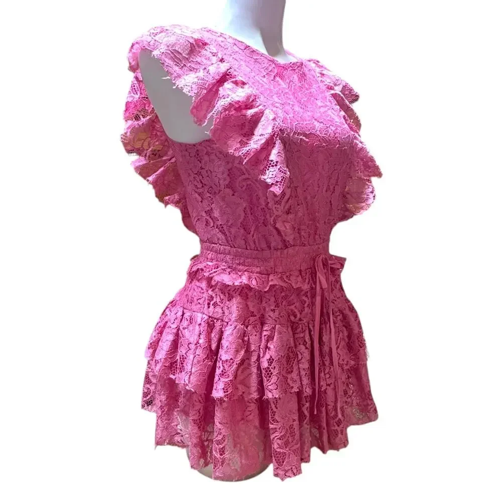 Idem Ditto Layered Lace Romper Mini Dress Pink Small